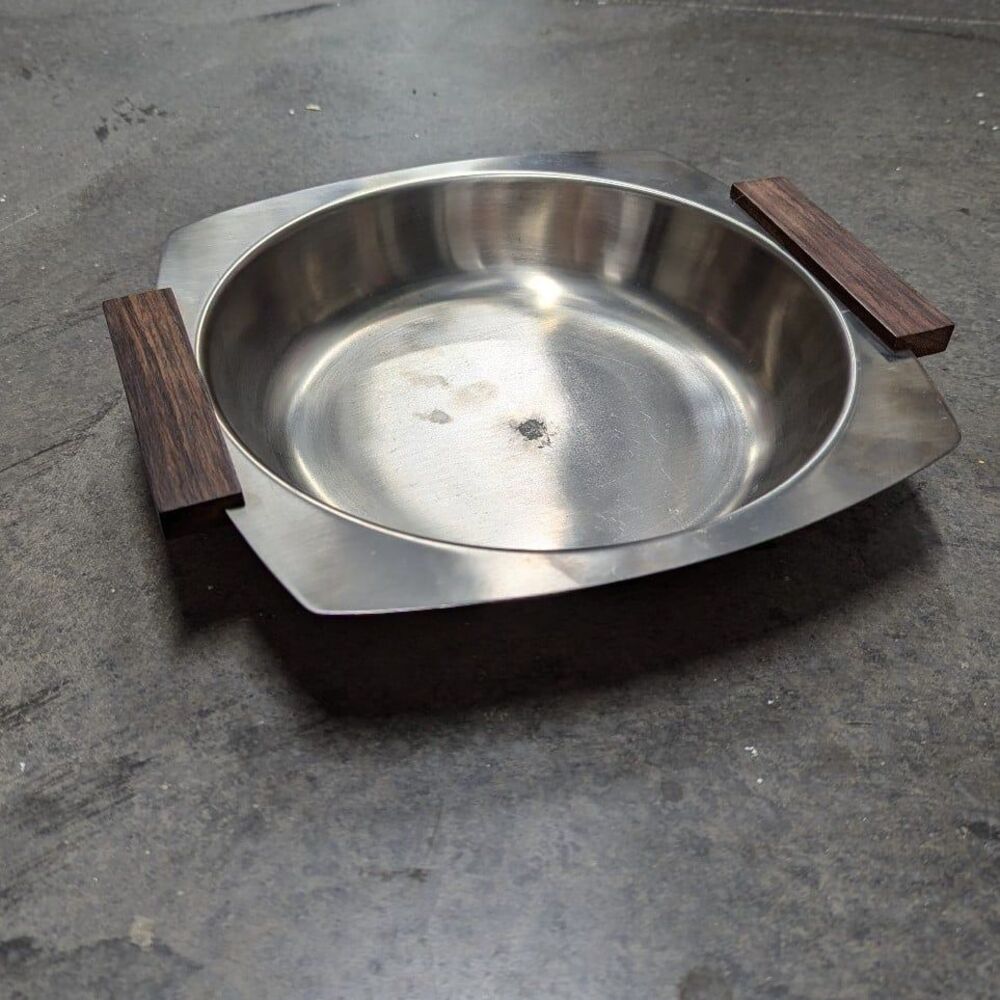 MCM Mid Century Modern Stainless Steel Serving Bowl‎ Wood Handles Japan Vintage